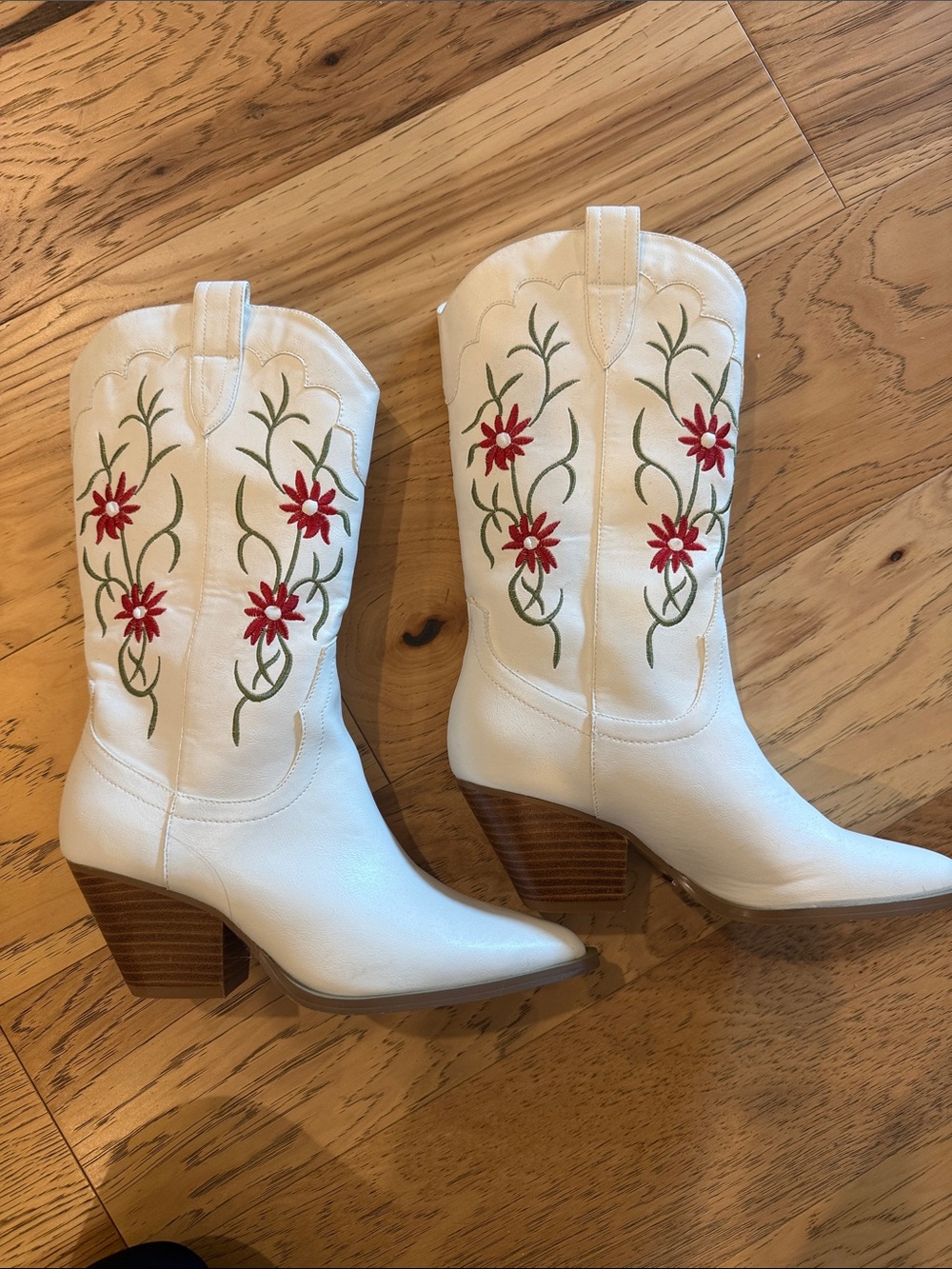Billini White Western Embroidered Heeled Boots with Red Flowers